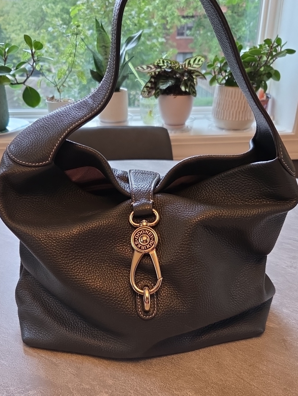 Dooney & Bourke Dark Gray Pebble Leather Hobo Shoulder Bag with Bridle Clip